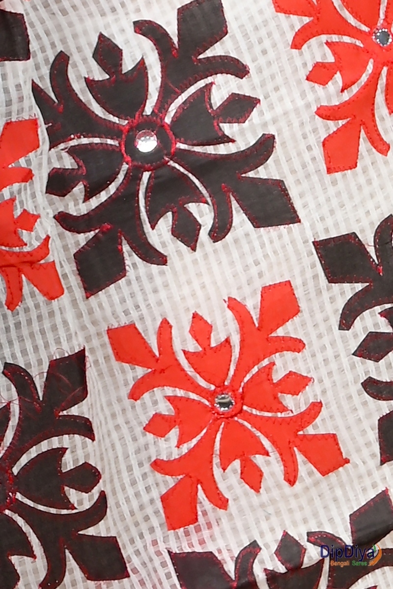 White Red Cotton Variti Aplic Applique Saree (611)